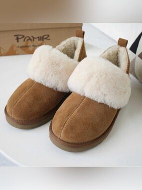 Tan Suede Slippers with Cream Faux-Shearling Cuff